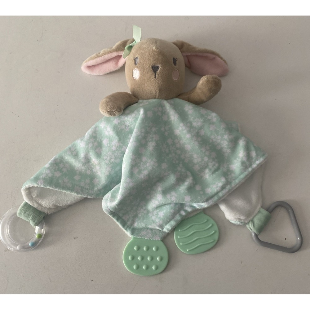 Modern Baby Snuggle Blankie Lovey Security Blanket Green White Bunny Teether